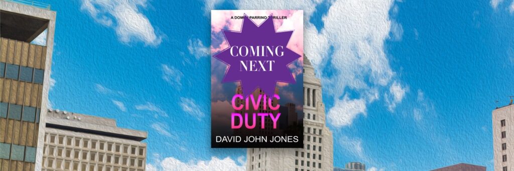 The front cover of the David John Jones Domini Parrino thriller Civic Duty which shows the City Hall of Los Angeles set against a warm pink coloured clouds sky with a warm pink hue applied to the whole cover, with a large purple star over most of the top half of the cover saying Coming Summer 2024. And the book is set against the image used for the cover, but turned into an oil-painting, in the shape of a rectangle. This is then used as a carousel image on the Home Screen of the website.